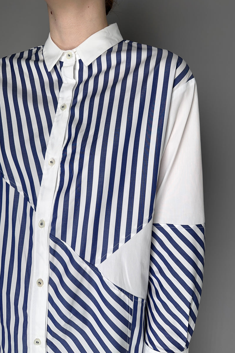 Rosso 35 Striped Cotton Shirt with Patch Color Blocking in White and Navy
