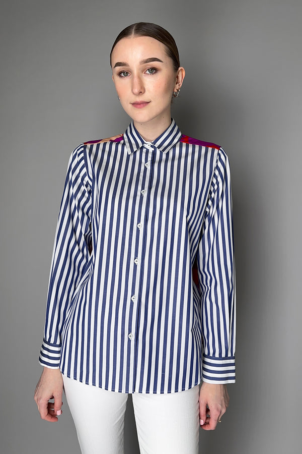 Rosso 35  Striped  Cotton Shirt with Floral Silk Back in Navy and Pink