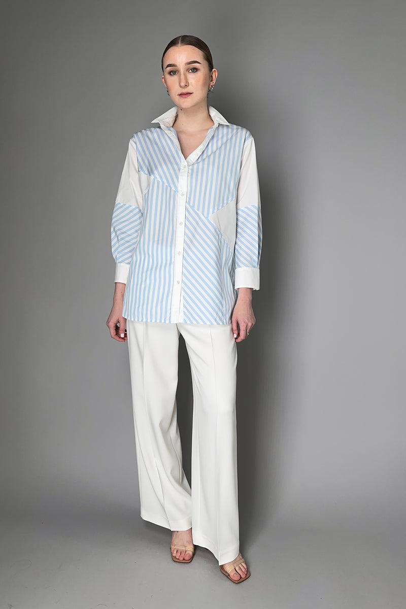 Rosso 35 Striped Cotton Shirt with Patch Color Blocking in White and Light Blue