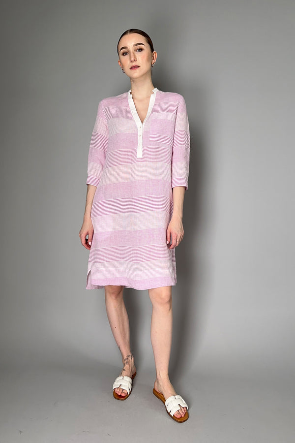 Rosso 35 Long Striped Linen Dress in Pink and White