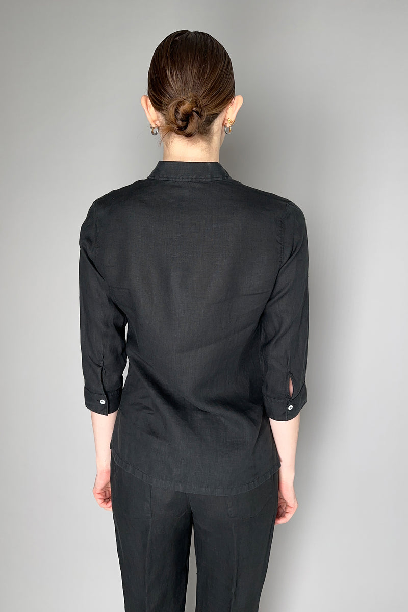 Rosso 35 Linen Button-Up Blouse in Black