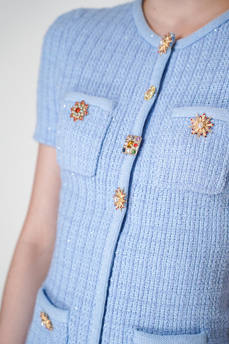 Self-Portrait Blue Jewel Button Knit Mini Dress Vancouver. Shop Online or in Store.