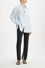 Dorothee Schumacher Silk Twill Shirt with Asymmetric Lace Inserts on One Shoulder and Sleeve in Soft Bue