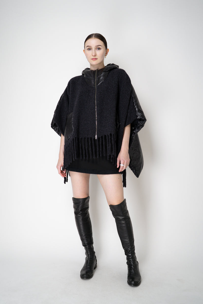 Herno High Neck Hooded Fringe Cape with Insulated Back in Black
