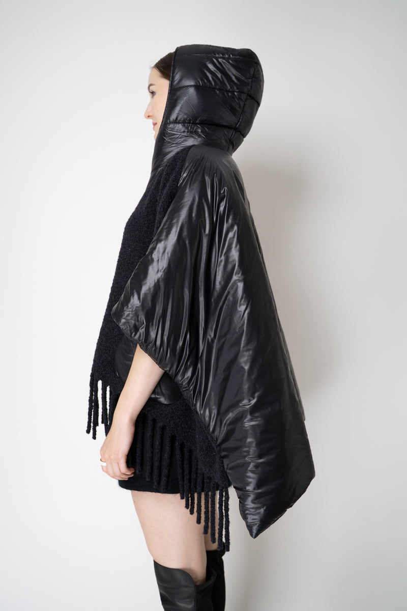 Herno High Neck Hooded Fringe Cape with Insulated Back in Black