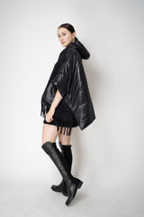 Herno High Neck Hooded Fringe Cape with Insulated Back in Black