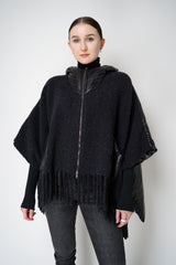 Herno High Neck Hooded Fringe Cape with Insulated Back in Black
