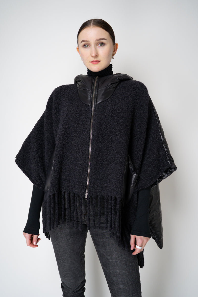 Herno High Neck Hooded Fringe Cape with Insulated Back in Black
