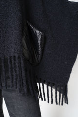 Herno High Neck Hooded Fringe Cape with Insulated Back in Black