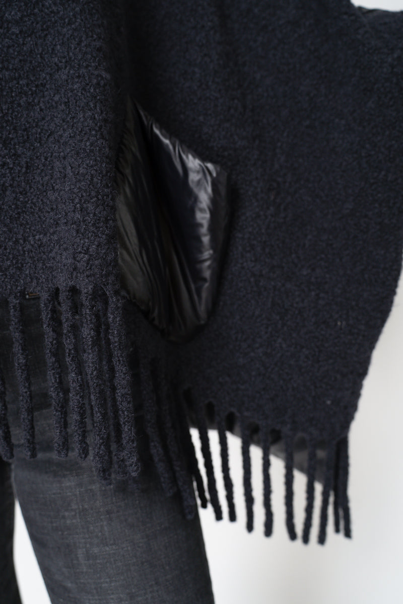 Herno High Neck Hooded Fringe Cape with Insulated Back in Black