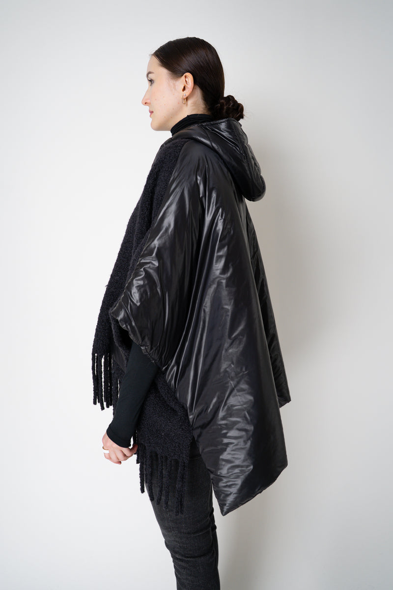 Herno High Neck Hooded Fringe Cape with Insulated Back in Black