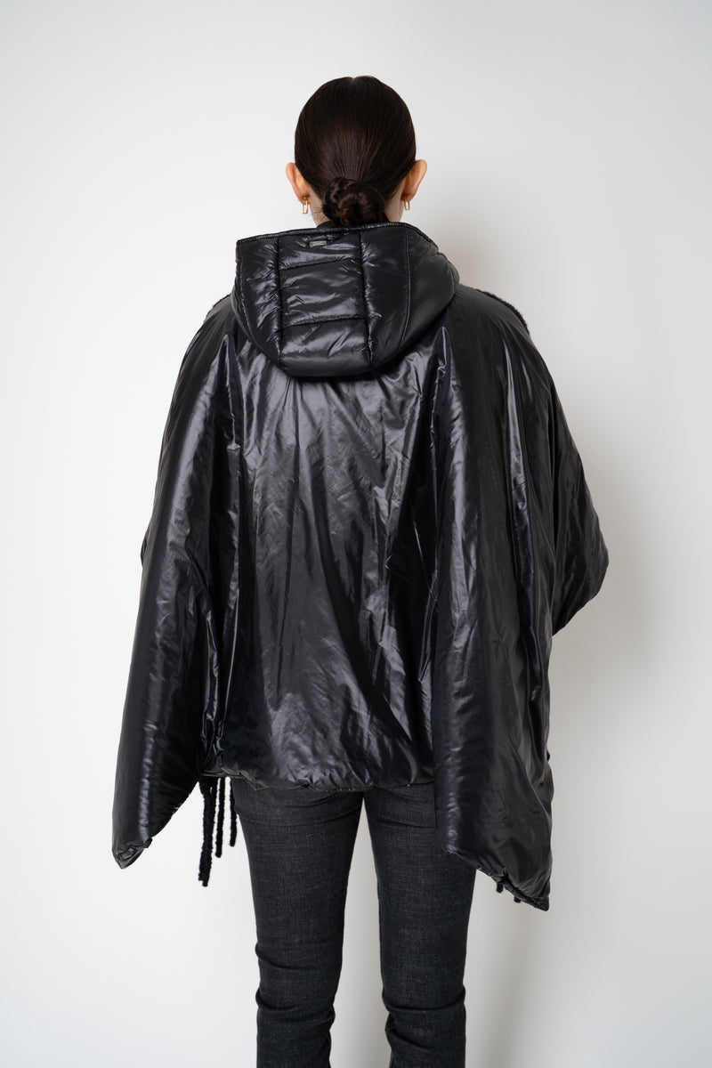 Herno High Neck Hooded Fringe Cape with Insulated Back in Black