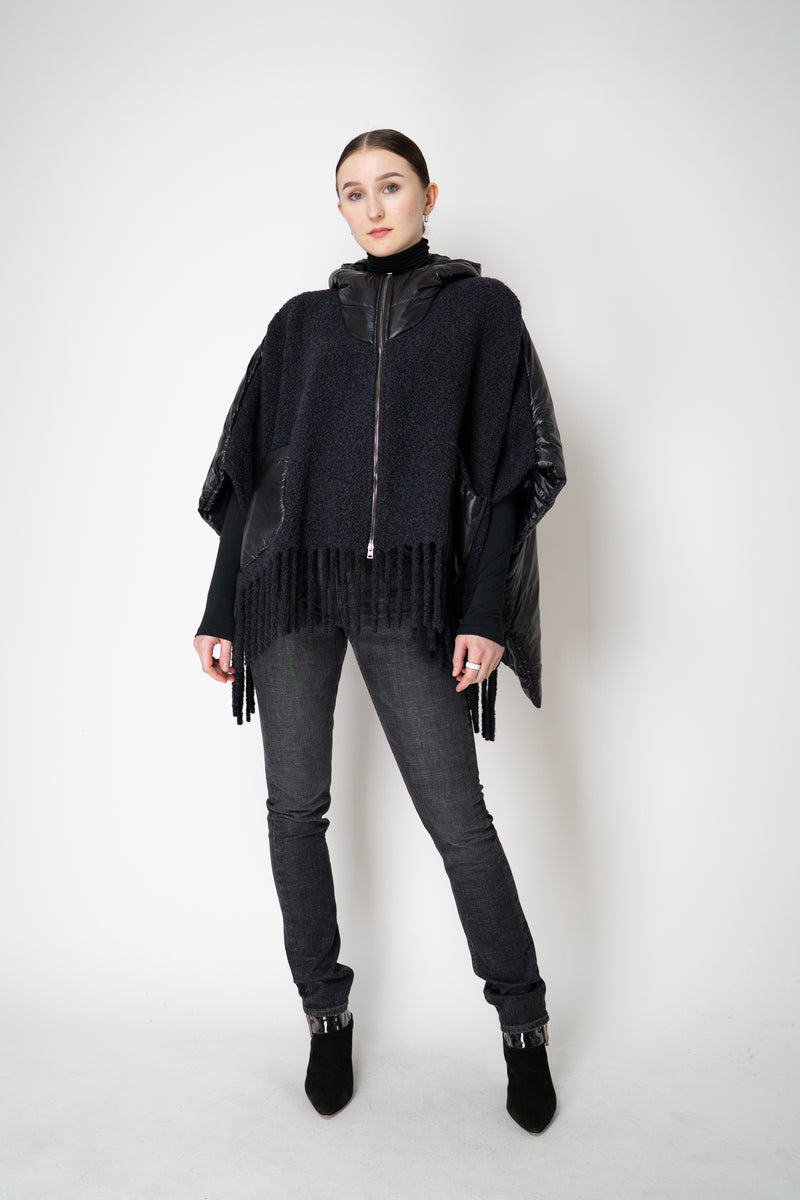 Herno High Neck Hooded Fringe Cape with Insulated Back in Black