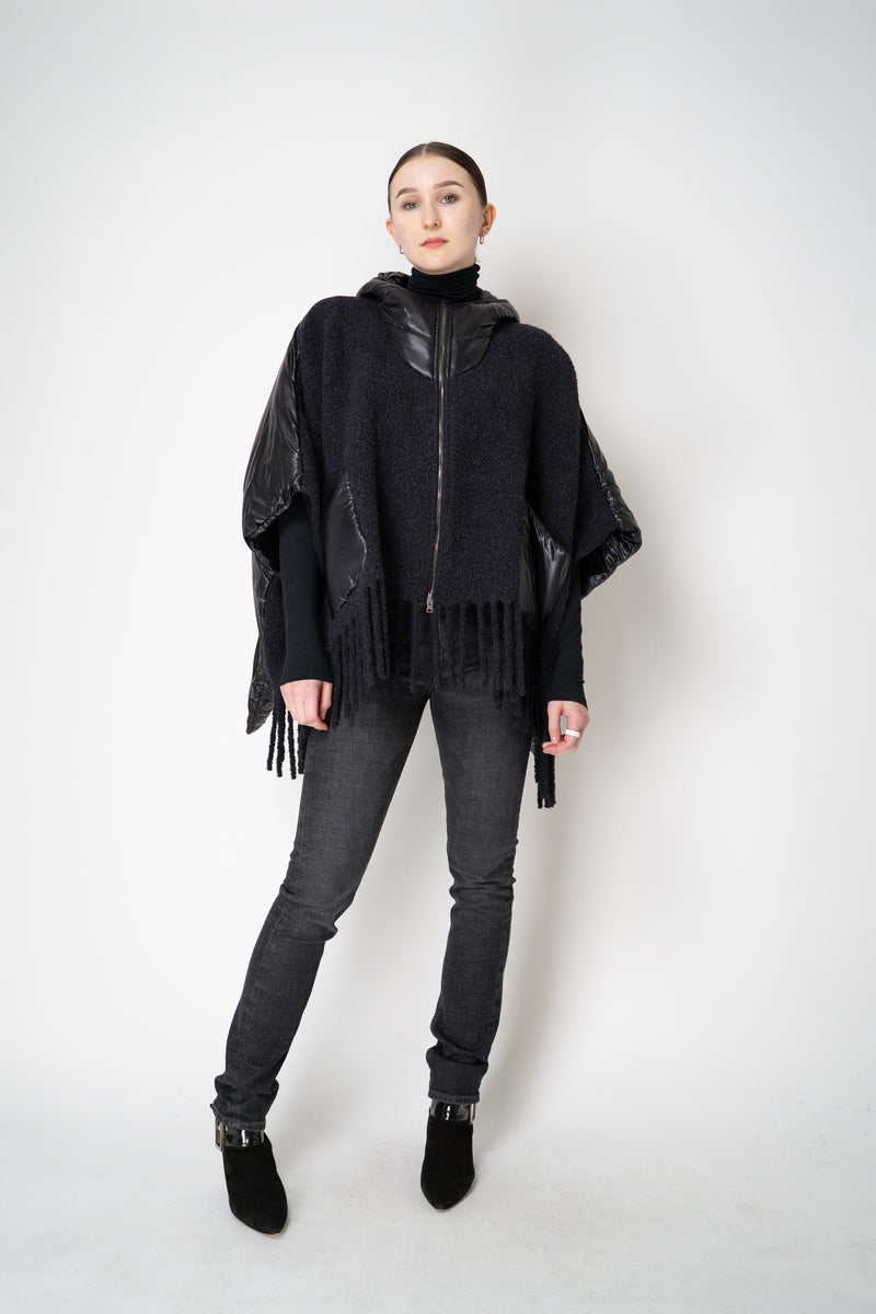 Herno High Neck Hooded Fringe Cape with Insulated Back in Black