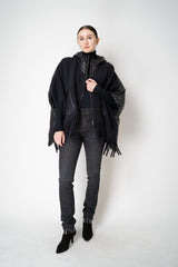 Herno High Neck Hooded Fringe Cape with Insulated Back in Black