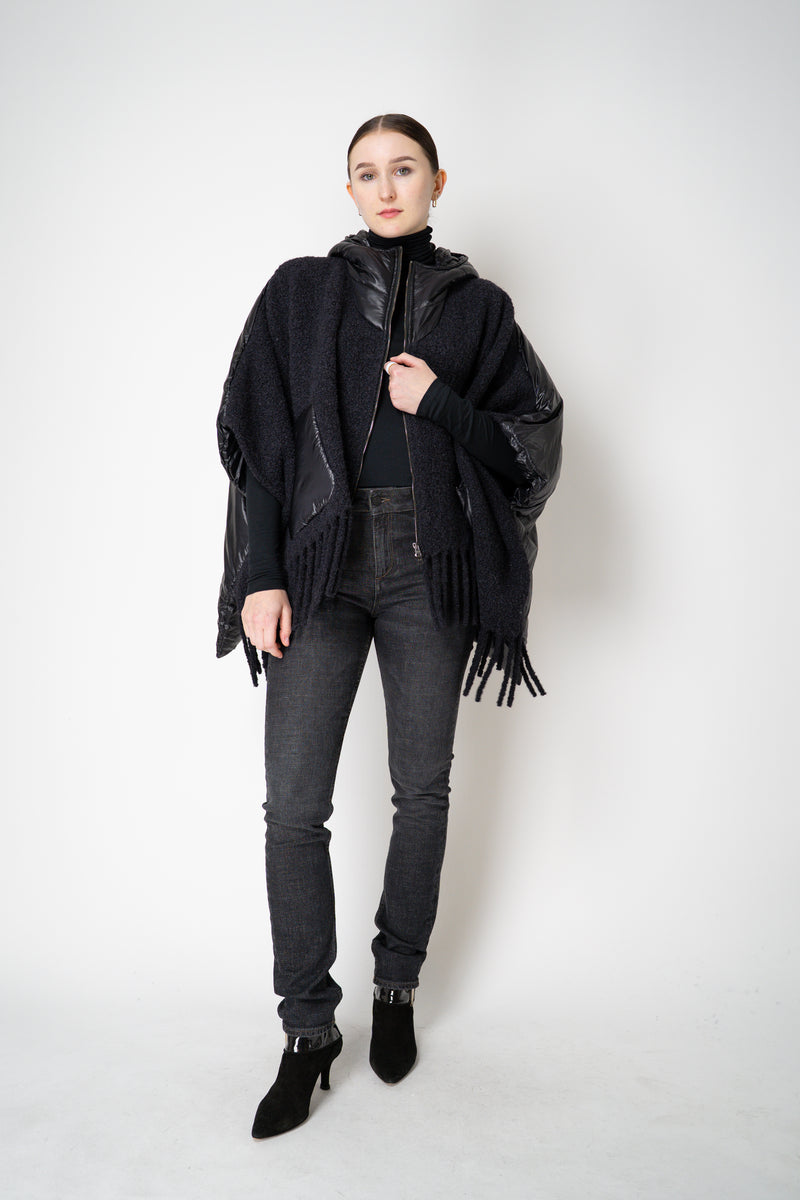 Herno High Neck Hooded Fringe Cape with Insulated Back in Black