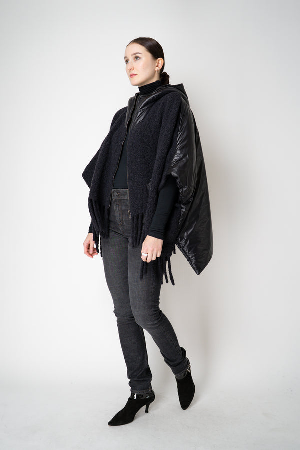 Herno High Neck Hooded Fringe Cape with Insulated Back in Black
