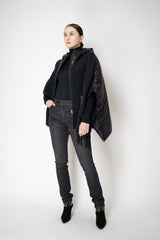 Herno High Neck Hooded Fringe Cape with Insulated Back in Black