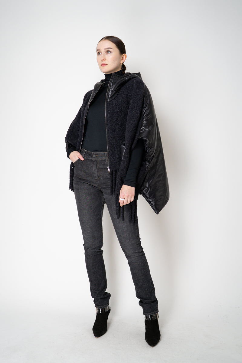 Herno High Neck Hooded Fringe Cape with Insulated Back in Black