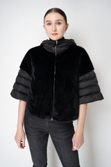 Herno Quilted Cropped Bell-Shape Brushed Fur Coat in Black