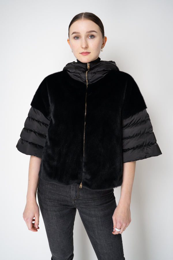 Herno Quilted Cropped Bell-Shape Brushed Fur Coat in Black