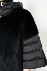 Herno Quilted Cropped Bell-Shape Brushed Fur Coat in Black