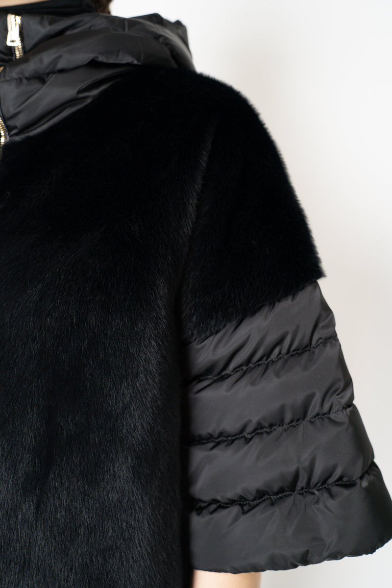 Herno Quilted Cropped Bell-Shape Brushed Fur Coat in Black