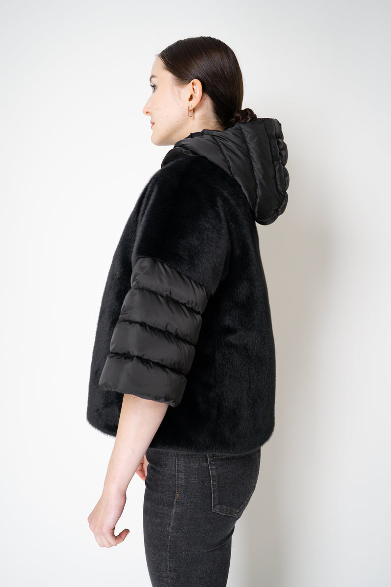 Herno Quilted Cropped Bell-Shape Brushed Fur Coat in Black