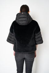 Herno Quilted Cropped Bell-Shape Brushed Fur Coat in Black