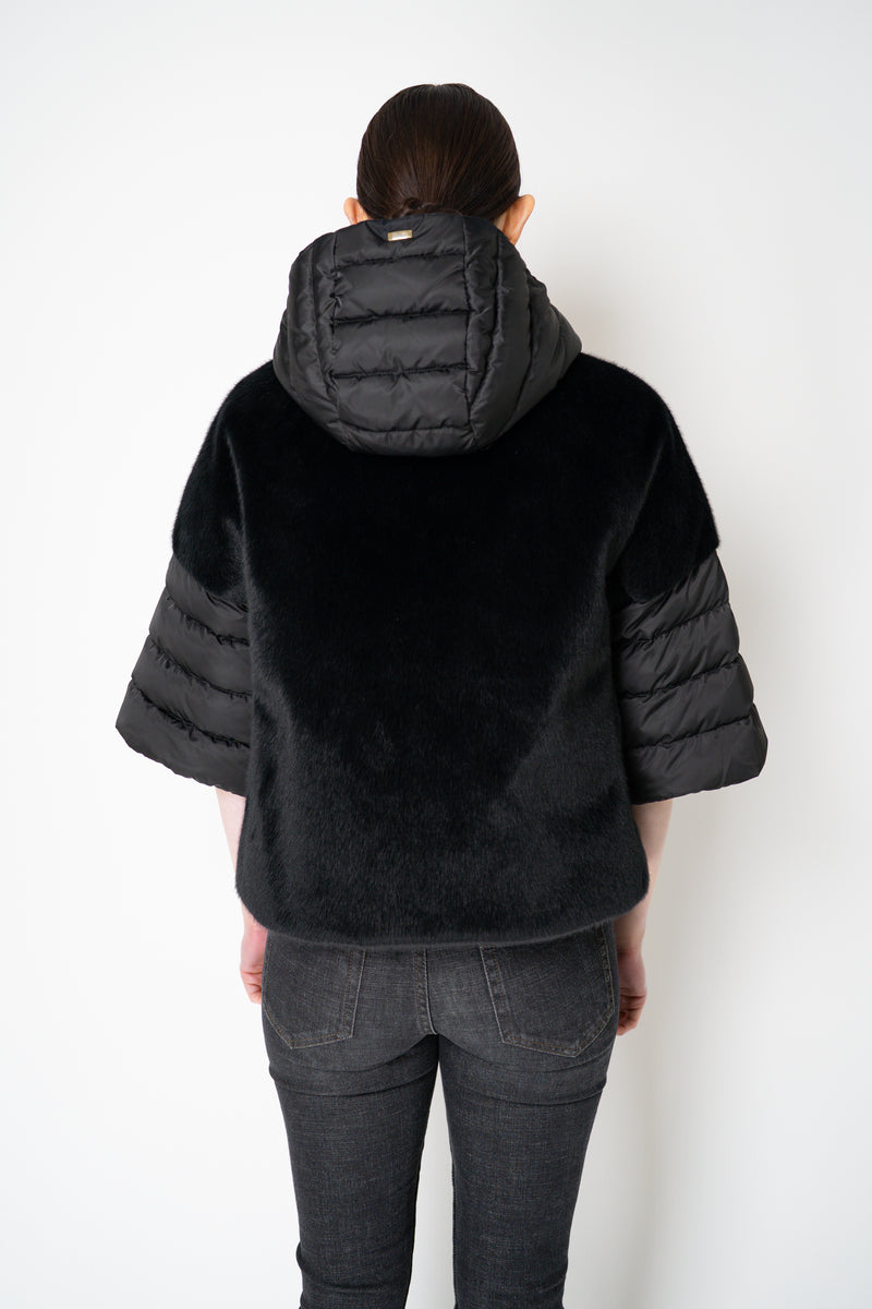 Herno Quilted Cropped Bell-Shape Brushed Fur Coat in Black