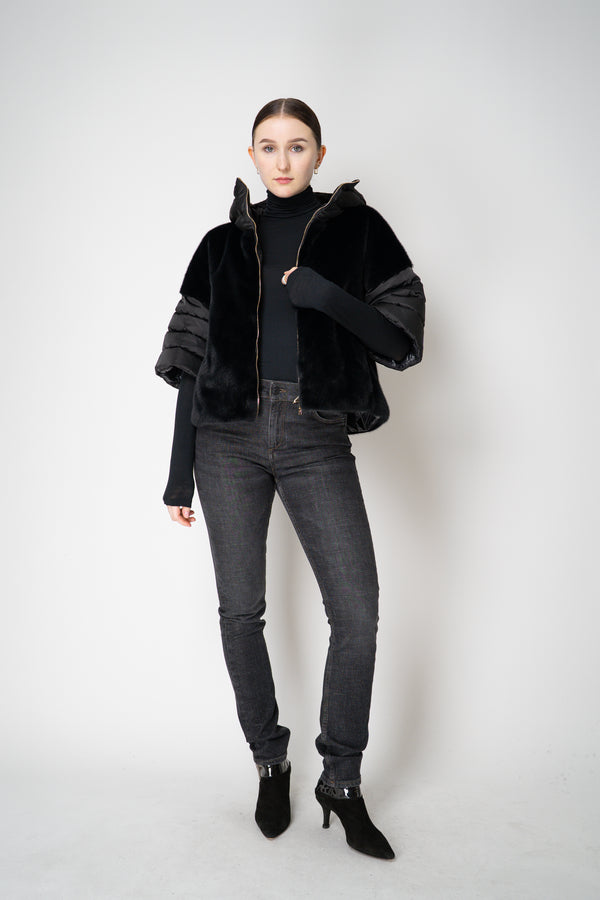 Herno Quilted Cropped Bell-Shape Brushed Fur Coat in Black