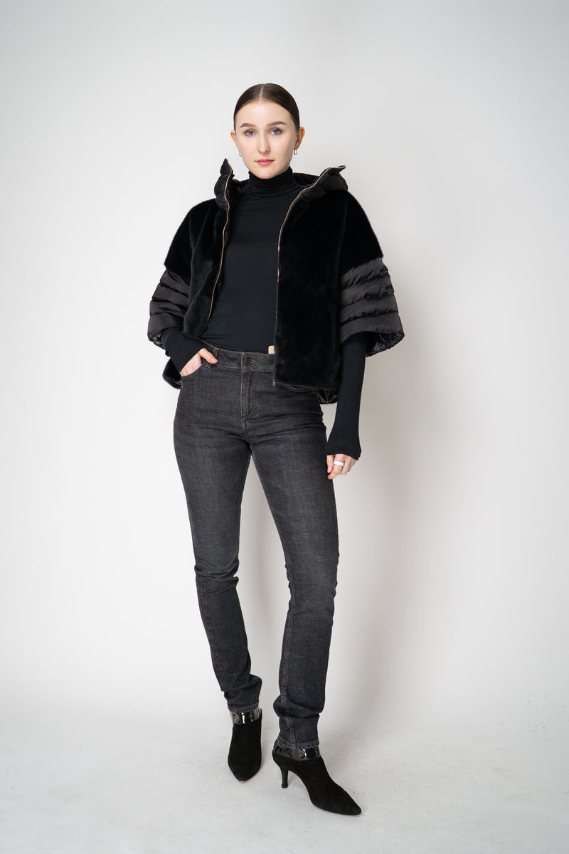 Herno Quilted Cropped Bell-Shape Brushed Fur Coat in Black