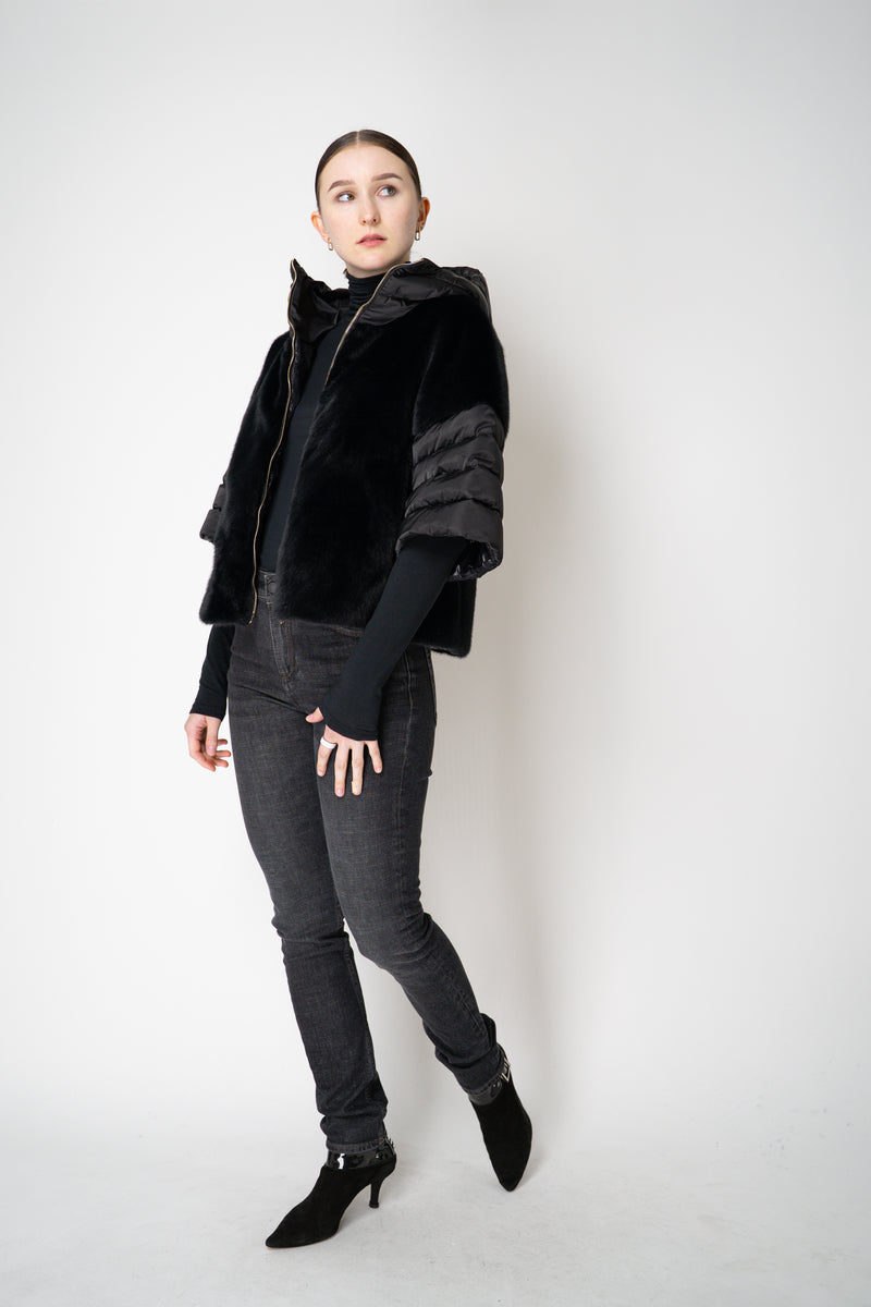 Herno Quilted Cropped Bell-Shape Brushed Fur Coat in Black