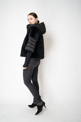Herno Quilted Cropped Bell-Shape Brushed Fur Coat in Black