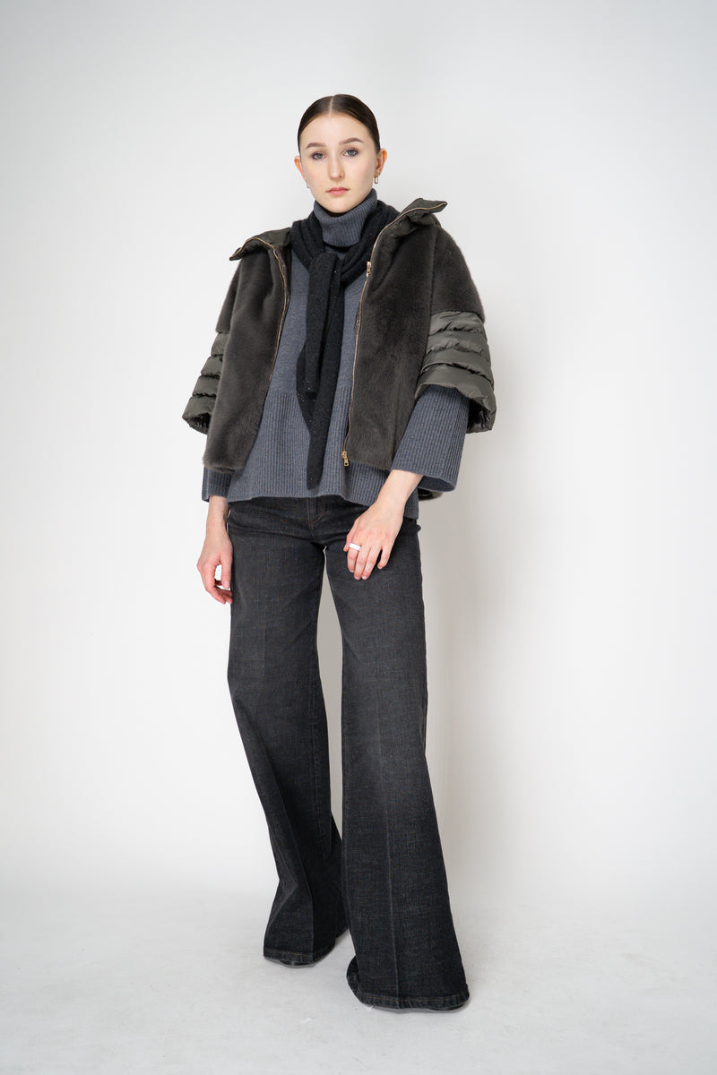 Herno Quilted Cropped Bell-Shape Brushed Fur Coat in Grey