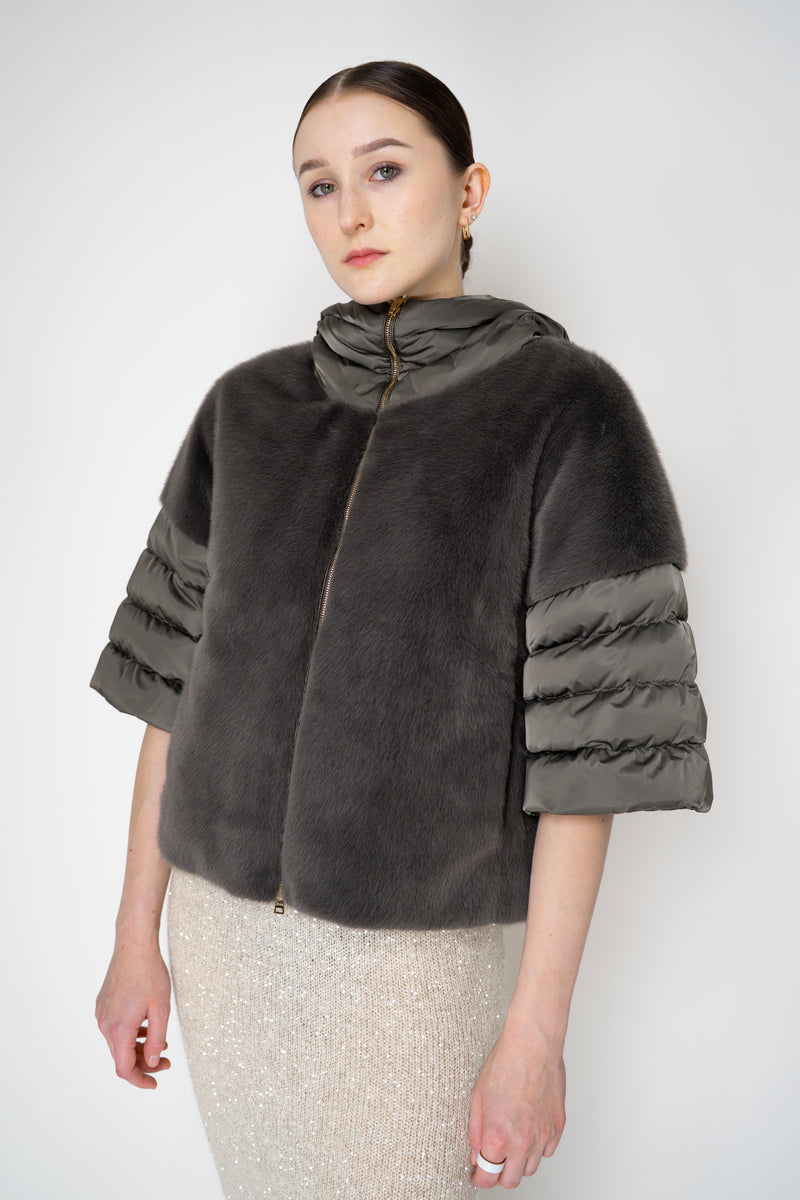 Herno Quilted Cropped Bell-Shape Brushed Fur Coat in Grey