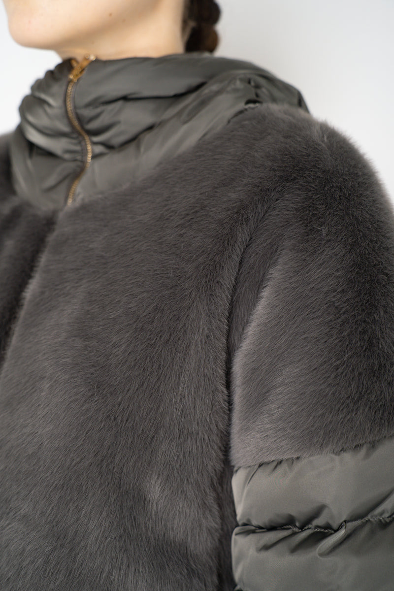 Herno Quilted Cropped Bell-Shape Brushed Fur Coat in Grey