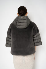 Herno Quilted Cropped Bell-Shape Brushed Fur Coat in Grey