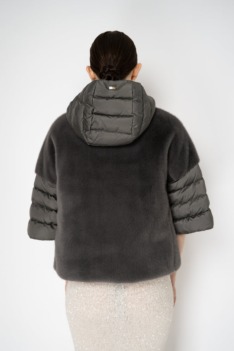Herno Quilted Cropped Bell-Shape Brushed Fur Coat in Grey