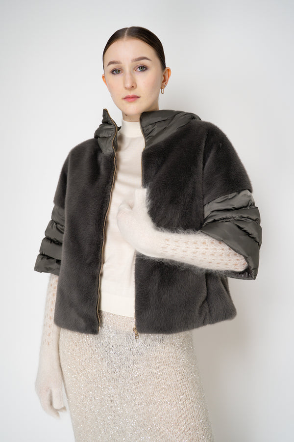 Herno Quilted Cropped Bell-Shape Brushed Fur Coat in Grey
