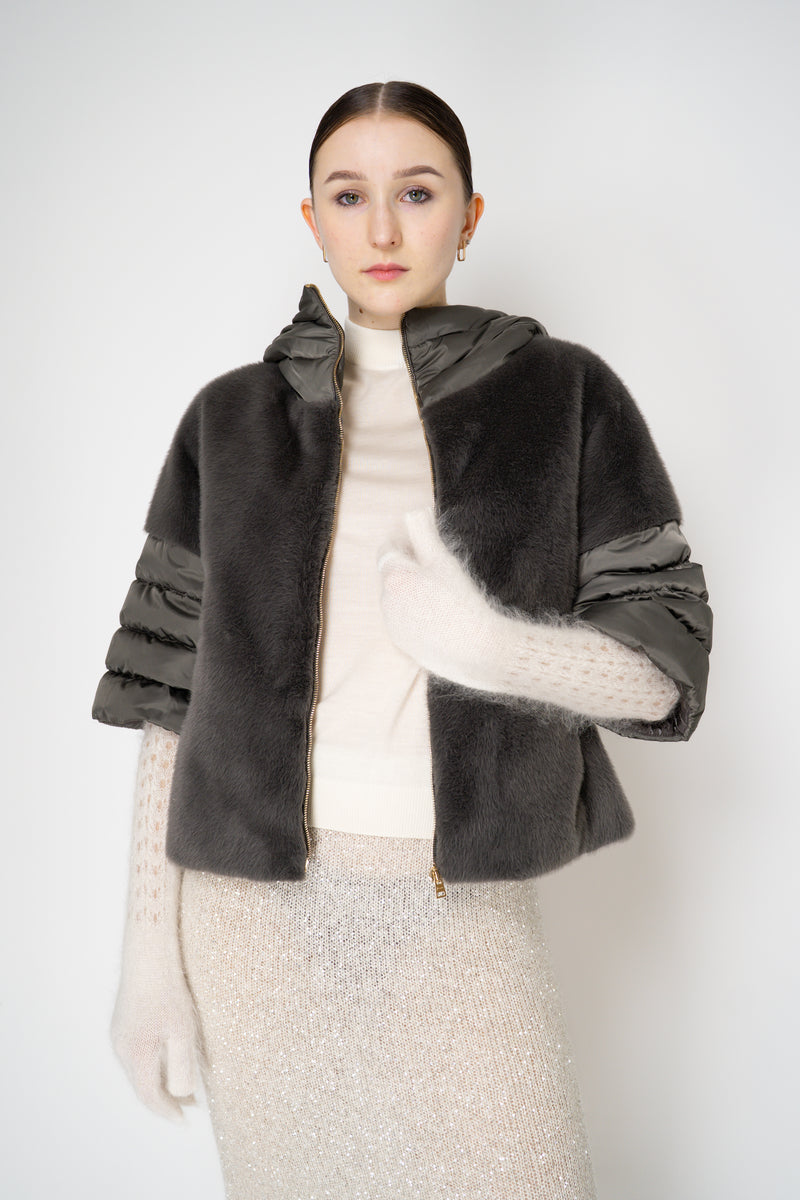 Herno Quilted Cropped Bell-Shape Brushed Fur Coat in Grey