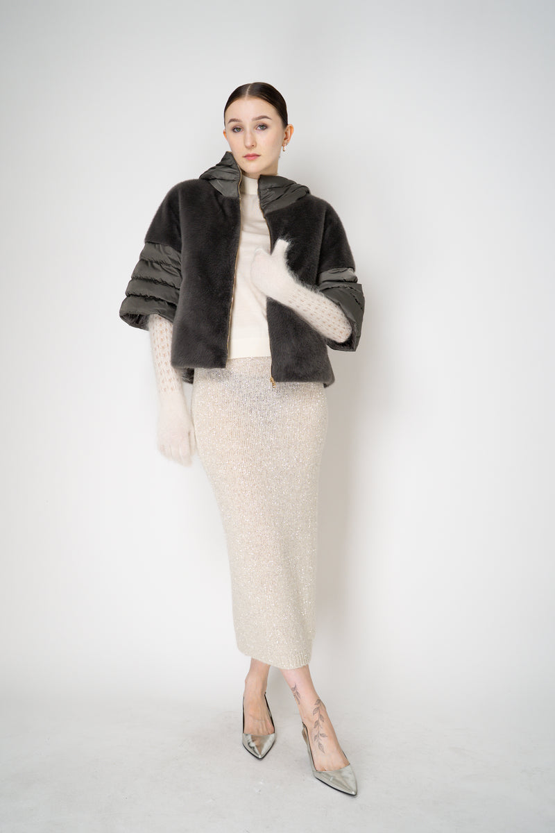 Herno Quilted Cropped Bell-Shape Brushed Fur Coat in Grey