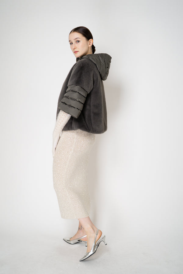 Herno Quilted Cropped Bell-Shape Brushed Fur Coat in Grey