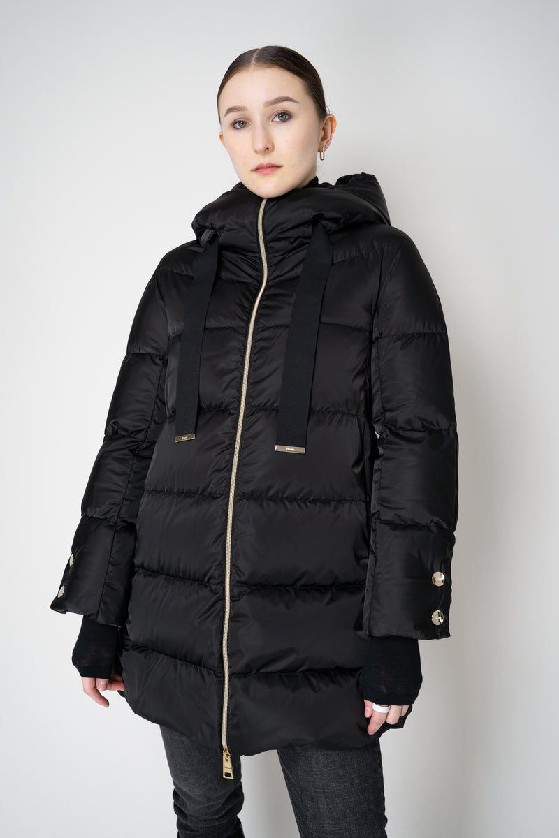 Herno A-line Satin Finish Hooded Coat in Black