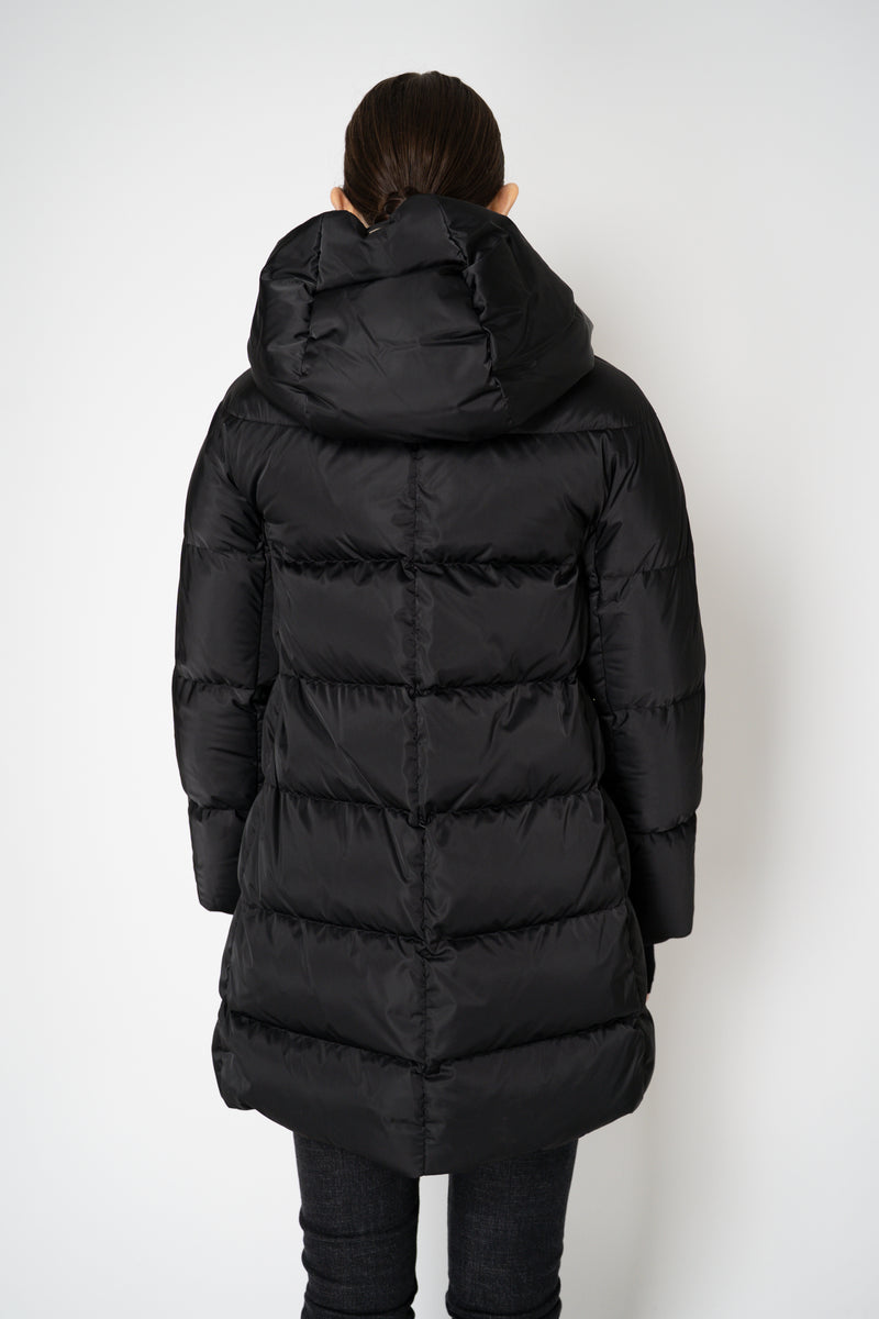 Herno A-line Satin Finish Hooded Coat in Black
