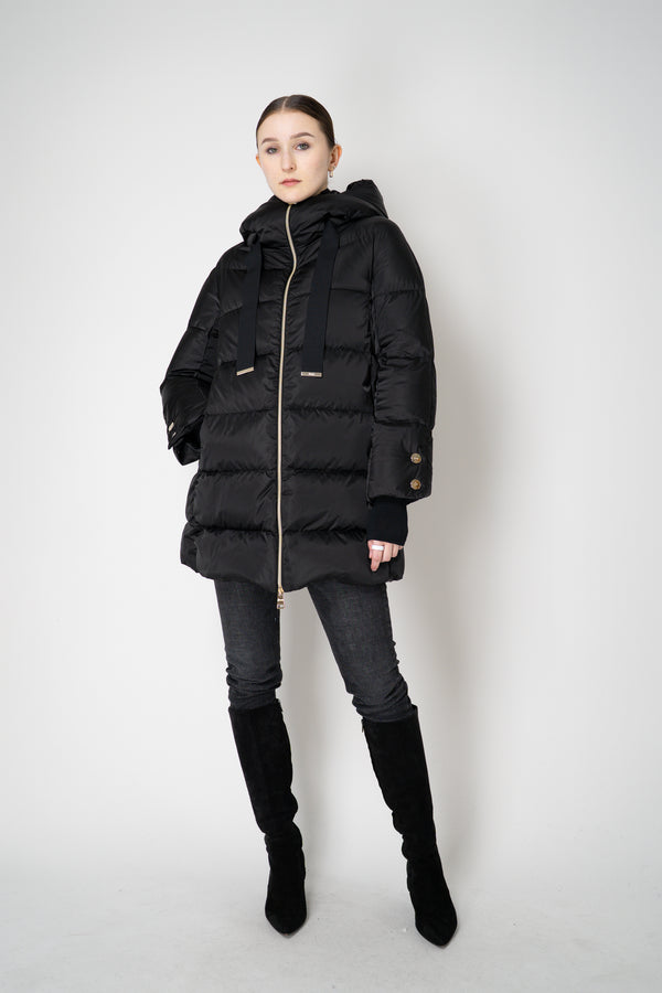 Herno A-line Satin Finish Hooded Coat in Black