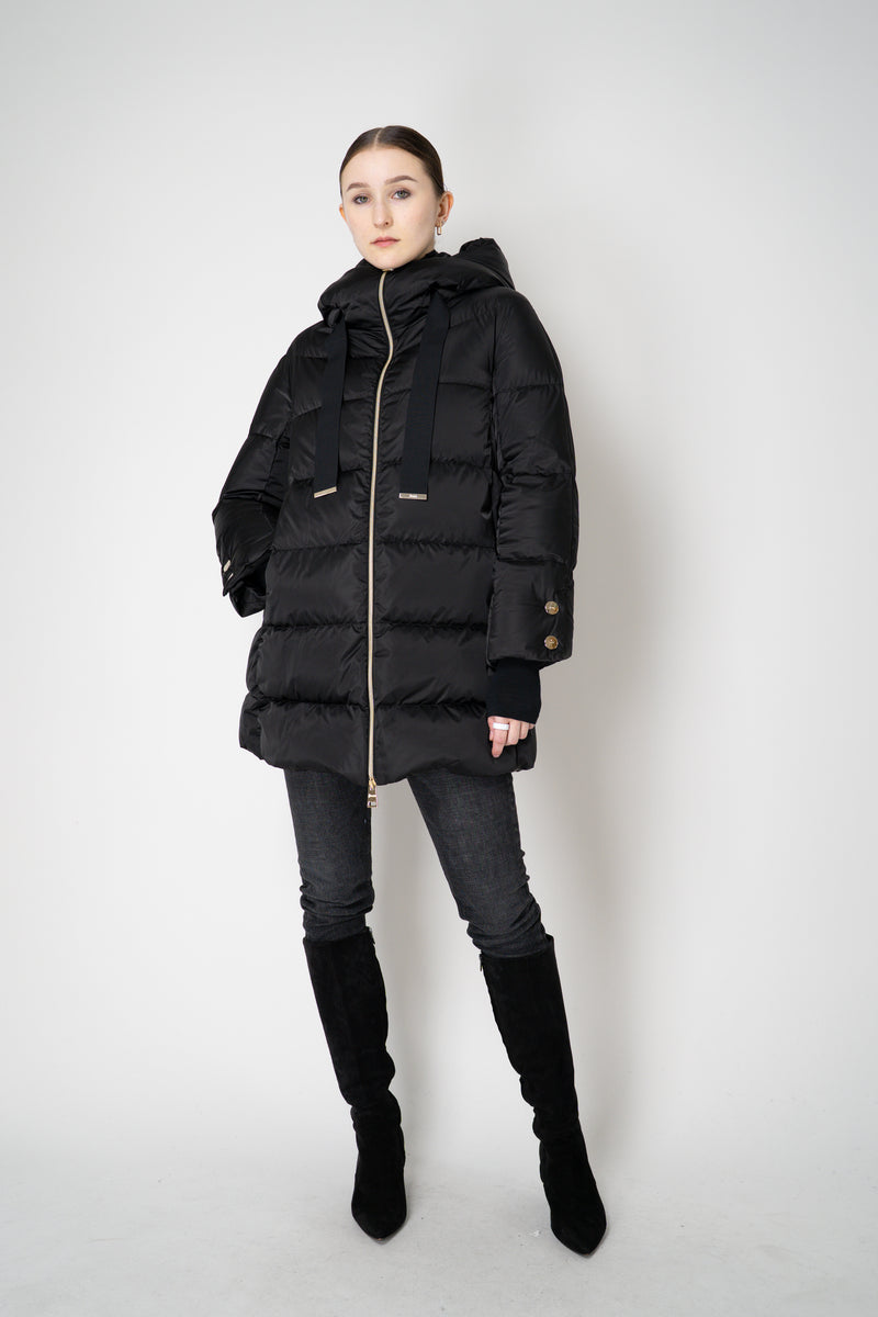 Herno A-line Satin Finish Hooded Coat in Black