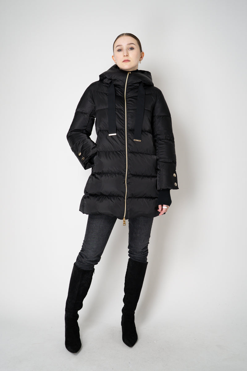 Herno A-line Satin Finish Hooded Coat in Black