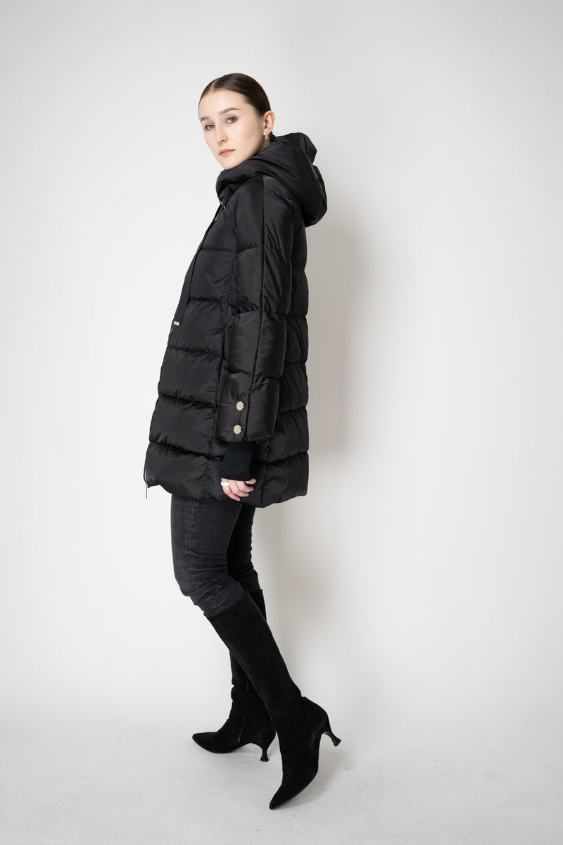 Herno A-line Satin Finish Hooded Coat in Black