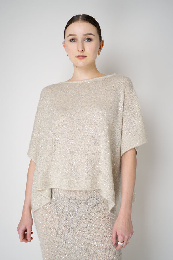D. Exterior Lightweight Wool Alpaca Knit Sequined Poncho in Latte